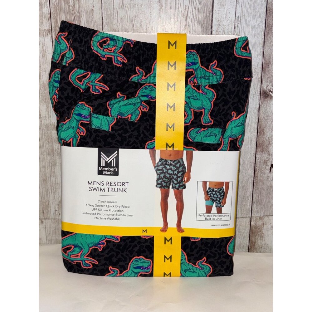 Members Mark Men's Swim Trunk Quick Dry UPF 50 Stretch Built-In Liner Dinosaur